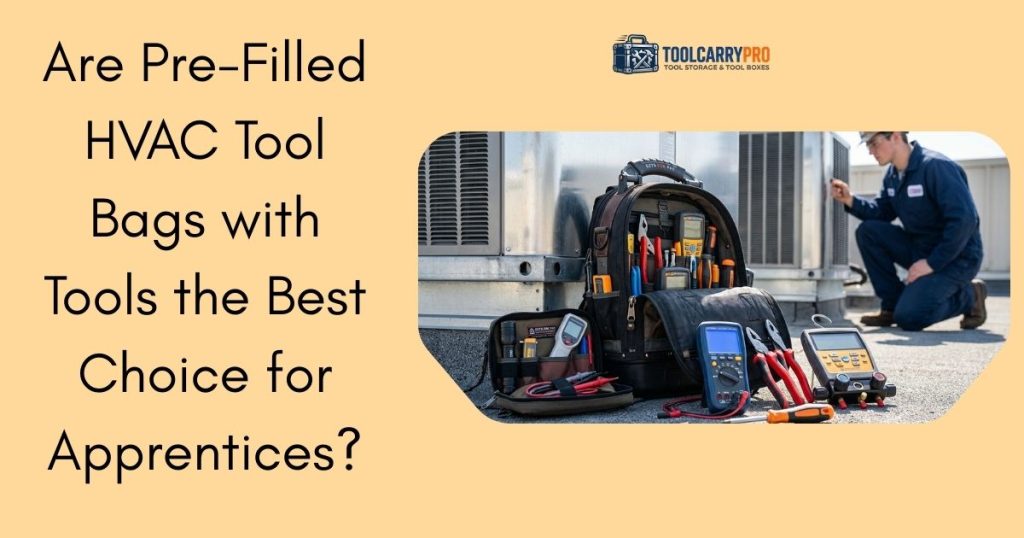 A fully loaded HVAC tool backpack open on a rooftop surface, displaying organized pliers, screwdrivers, a digital multimeter, manifold gauges, and assorted hand tools, with a technician in a blue uniform inspecting an air conditioning unit in the background.