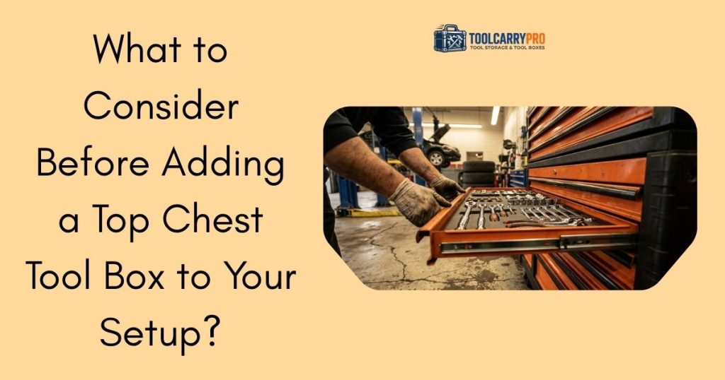 A mechanic opening an orange heavy-duty top chest tool box drawer filled with organized chrome wrenches and sockets inside a professional automotive garage