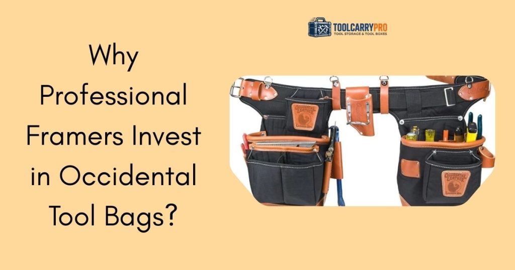 Occidental Leather tool belt with multiple pouches and tan leather reinforcements displayed against a light background, featured on ToolCarryPro blog