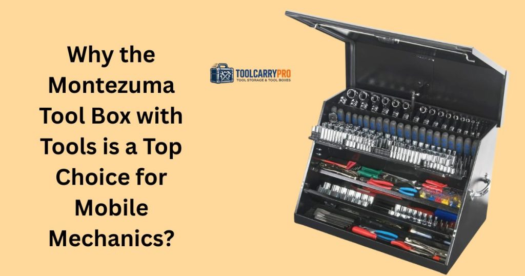 Montezuma triangle toolbox open and fully loaded with sockets, wrenches, and screwdrivers showing multi-tier organization system