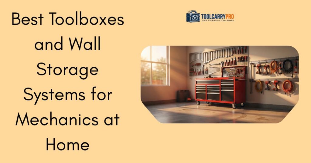 best toolboxes and wall storage systems for mechanics at home featuring a red rolling tool cabinet with multiple drawers and pegboard wall storage holding wrenches screwdrivers and power tools in an organized home garage