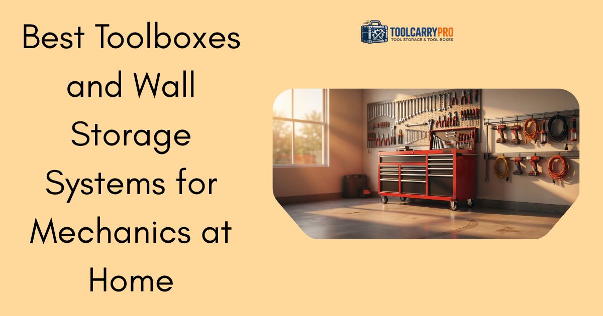best toolboxes and wall storage systems for mechanics at home featuring a red rolling tool cabinet with multiple drawers and pegboard wall storage holding wrenches screwdrivers and power tools in an organized home garage