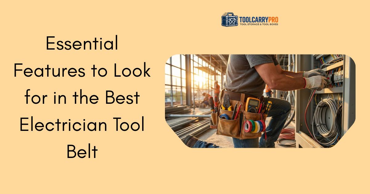 Electrician wearing a loaded leather tool belt while working on a wiring panel at a construction job site