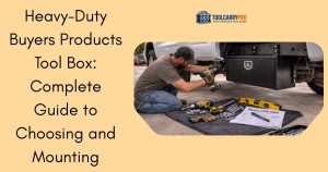 Mechanic installing a heavy-duty Buyers Products underbody tool box on a pickup truck with tools and installation equipment laid out nearby.