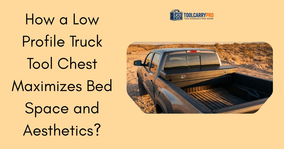 Low profile truck tool chest mounted flush on the bed rails of a pickup truck parked in a desert landscape, showing clean integration with the truck bed and unobstructed rear window view