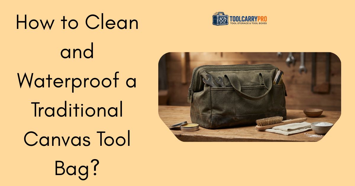 A rugged dark olive waxed canvas tool bag sitting on a wooden workbench surrounded by a beeswax tin, soft-bristle brush, microfiber cloth, and baking soda used for cleaning and waterproofing