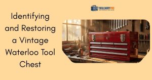 Vintage red Waterloo tool chest with ribbed chrome drawer trim sitting on a wooden workbench in a classic American garage workshop