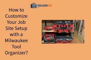 Stacked Milwaukee PACKOUT modular tool organizer boxes and bags displayed on shelves inside a garage workshop - ToolCarryPro