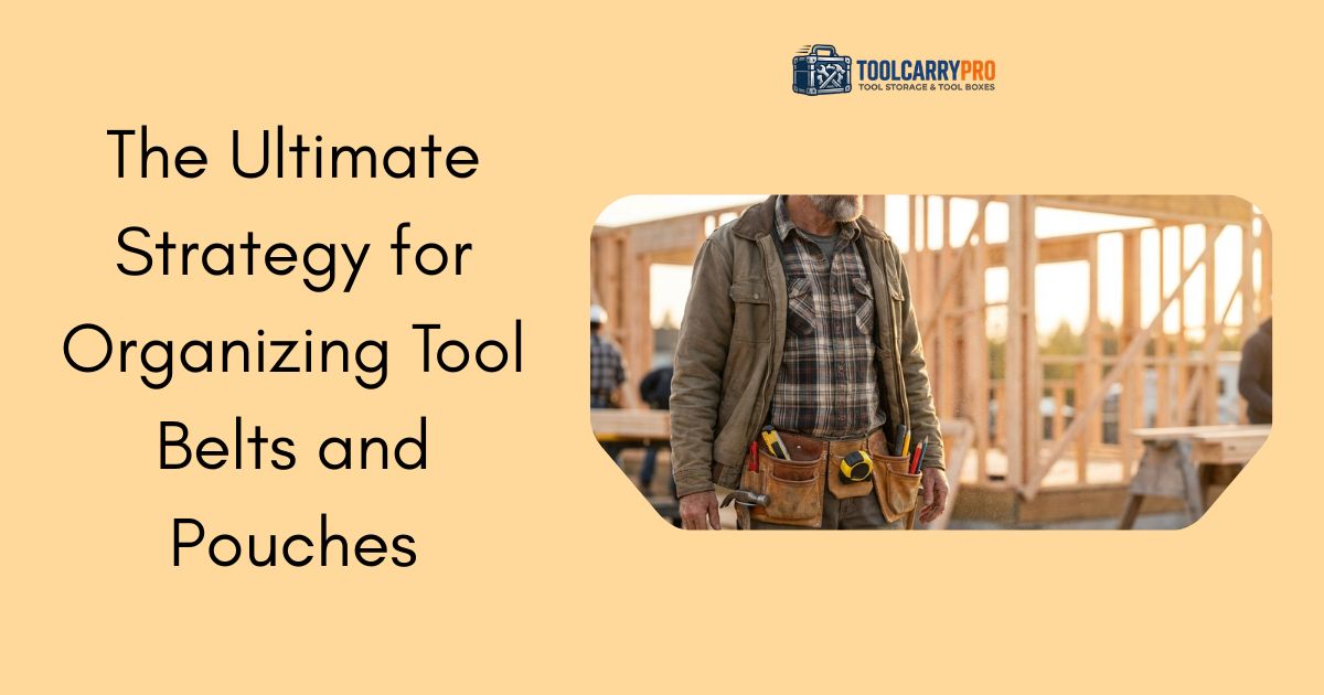 Professional carpenter wearing an organized leather tool belt and pouches at a wood-framed construction site