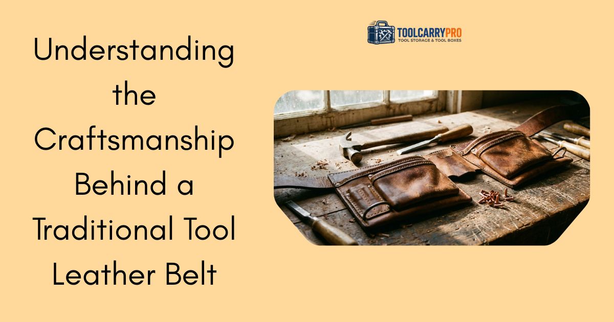 A traditional leather tool belt with pouches laid on a rustic wooden workbench surrounded by hand tools including a hammer and chisels