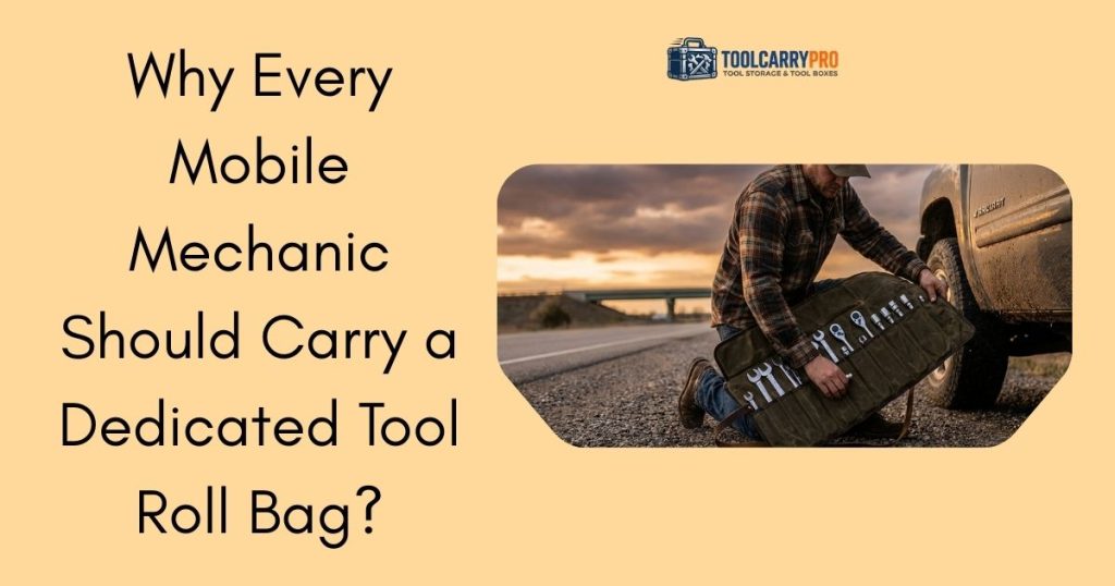 Mobile mechanic kneeling beside a truck on a highway shoulder unrolling a dark olive canvas tool roll bag with wrenches and sockets organized in slots at sunset