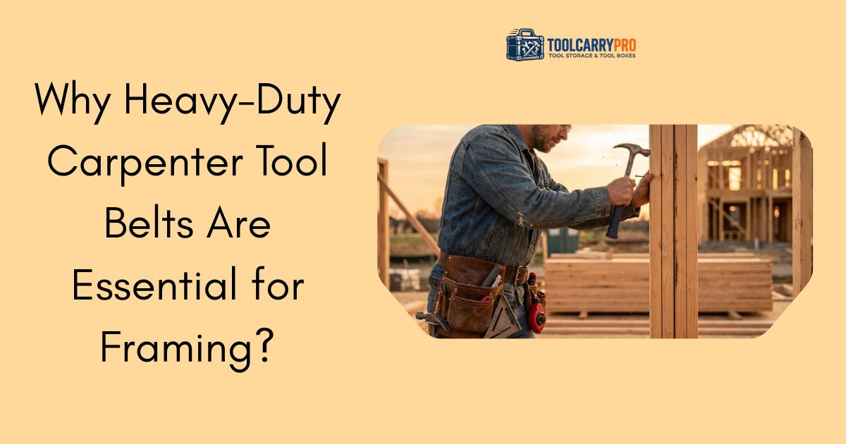 Carpenter wearing a heavy-duty leather tool belt while hammering a wooden frame at a house construction site