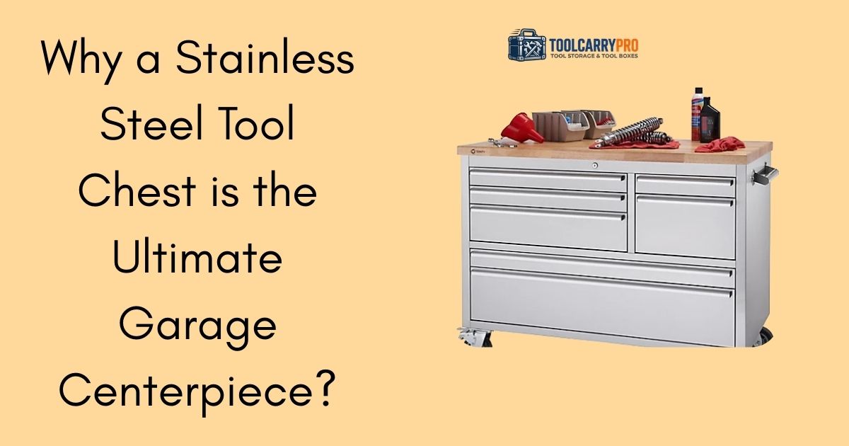 Stainless steel tool chest with rubberwood workbench top, multiple drawers, and heavy-duty casters on a yellow background with ToolCarryPro branding